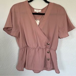 Pink Rose Blouse | Mauve Faux Wrap Peplum Top